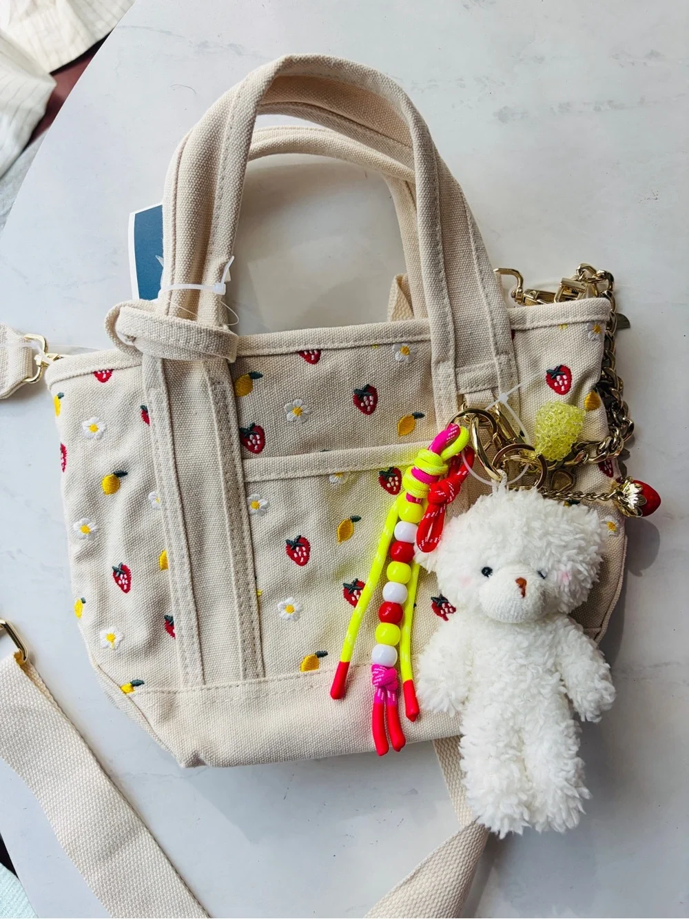 NWT Madden Girl Embroidered Canvas Mini Tote with Bag Charms, Strawberry & Lemon